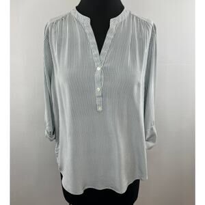 CLOSED White Gray Striped Silk 3/4 Sleeve Split V-Neck Popover Blouse M XL $350